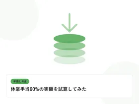 積み上がるコインと下向きの矢印で、単価と給与のギャップを表したイラストに「休業手当60%の実額を試算してみた」という見出しを添えたアイキャッチ画像