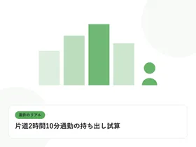 PCの前に座る人物のシルエットと現場のビル群を表し、案件のリアルを表したイラストに「片道2時間10分通勤の持ち出し試算」という見出しを添えたアイキャッチ画像